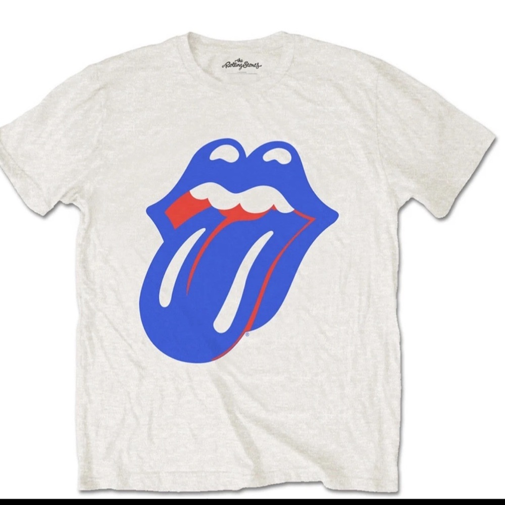 the Rolling Stones White Tee with Blue & Red Tongue Graphic